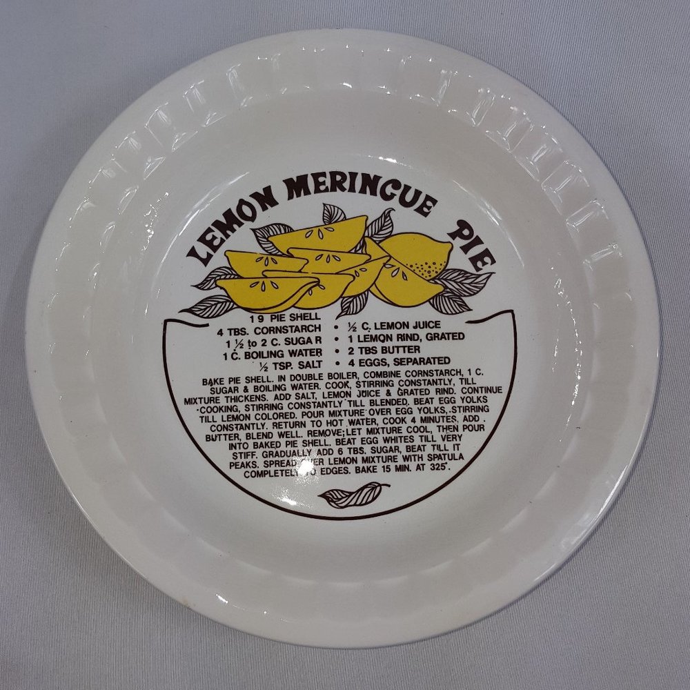 Lemon Meringue Pie 10.5" Vintage Ceramic Recipe Baking Dish Plate